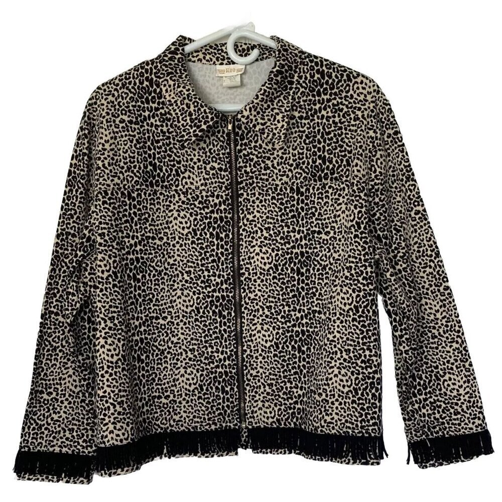 Rio Leopard Print Zip Jacket Women’s Size Medium Fringe Zip Vintage USA